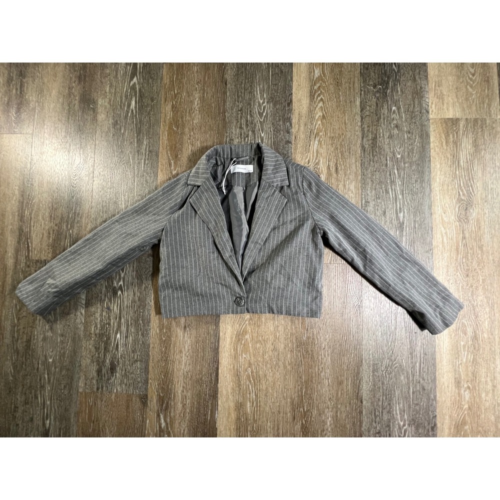 Reserved Blazer Girls 146 CM Grey Pinstripe Cropped Elastic Hem Jacket